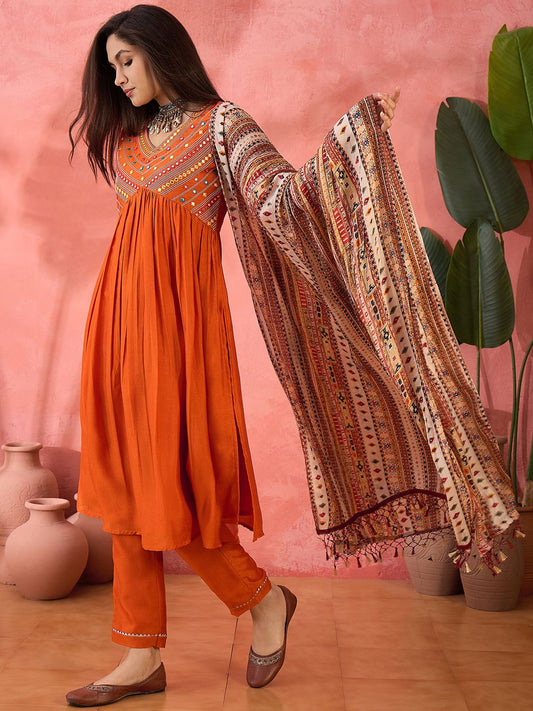 Dhiyona SN Women's Orange Mirror Work V-Neck Empire A-Line Kurta With Trousers And Dupatta