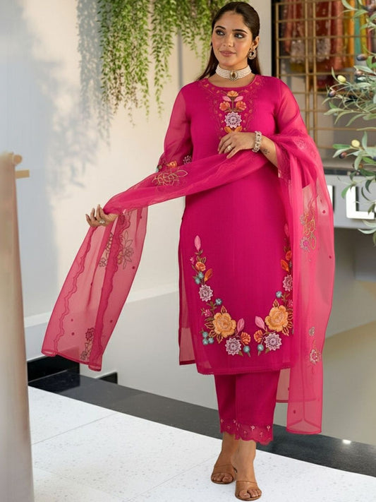 Women Floral Embroidered Regular Thread Work Kurta with Trousers & With Dupatta