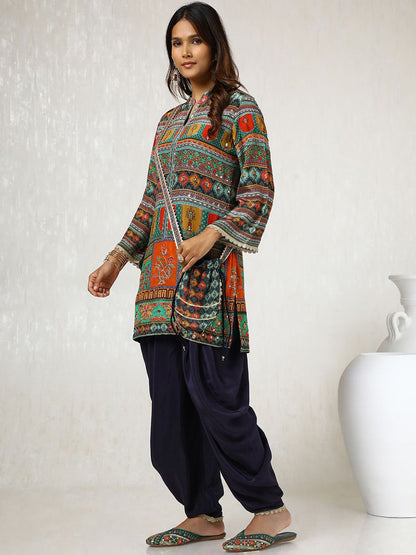 Dhiyona SO Women's Green Ethnic Motifs Printed Mirror Work Kurta With Dhoti Pants & Potli Bag