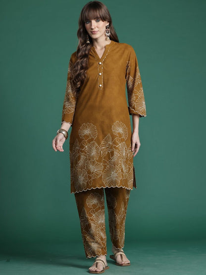 Floral Embroidered V-Neck Straight Sequinned Pure Cotton Kurta With Trouser