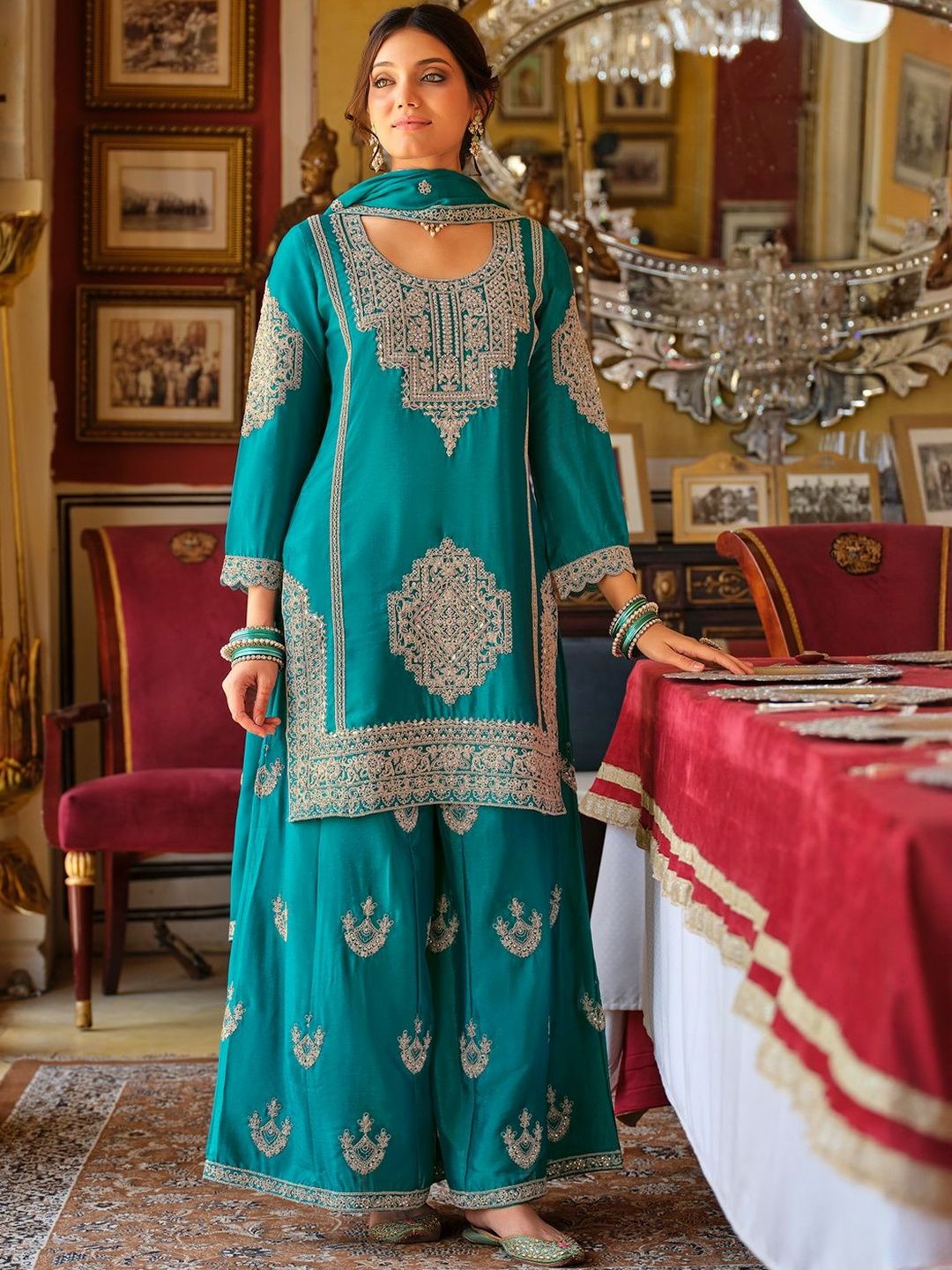 Women Ethnic Motifs Embroidered Mirror Work Kurta with Palazzos & Dupatta