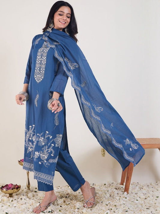 Embroidered Notch Neck Thread Work Pure Cotton Kurta With Trousers & Dupatta