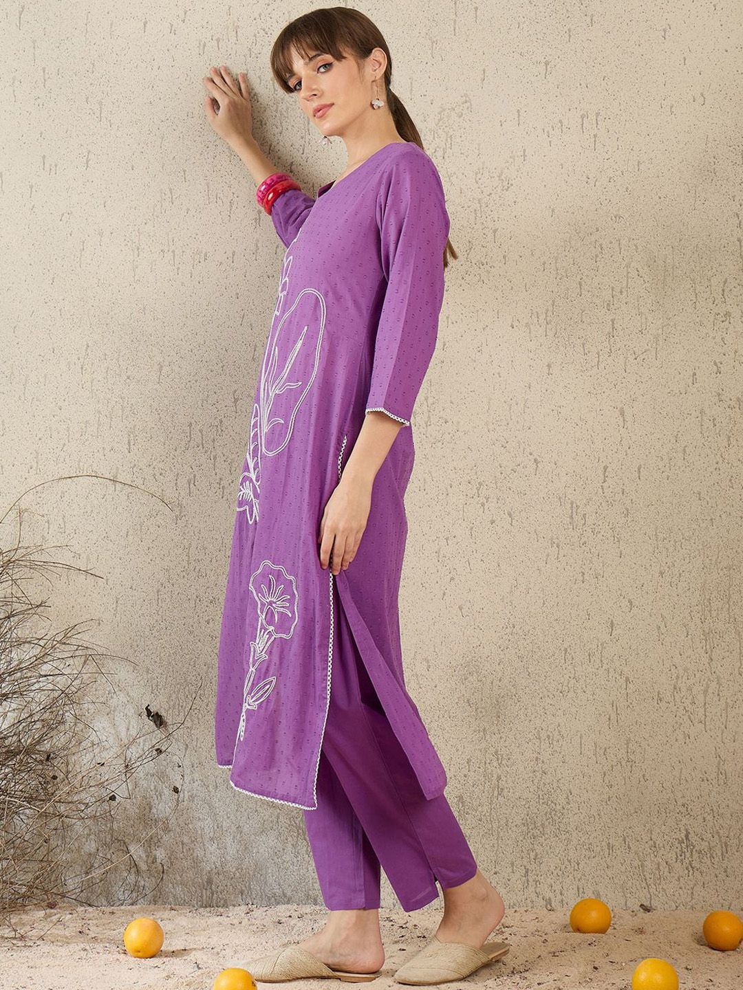 Dhiyona IE Women Embroidered V-Neck Cotton Top and Trousers Co-Ords