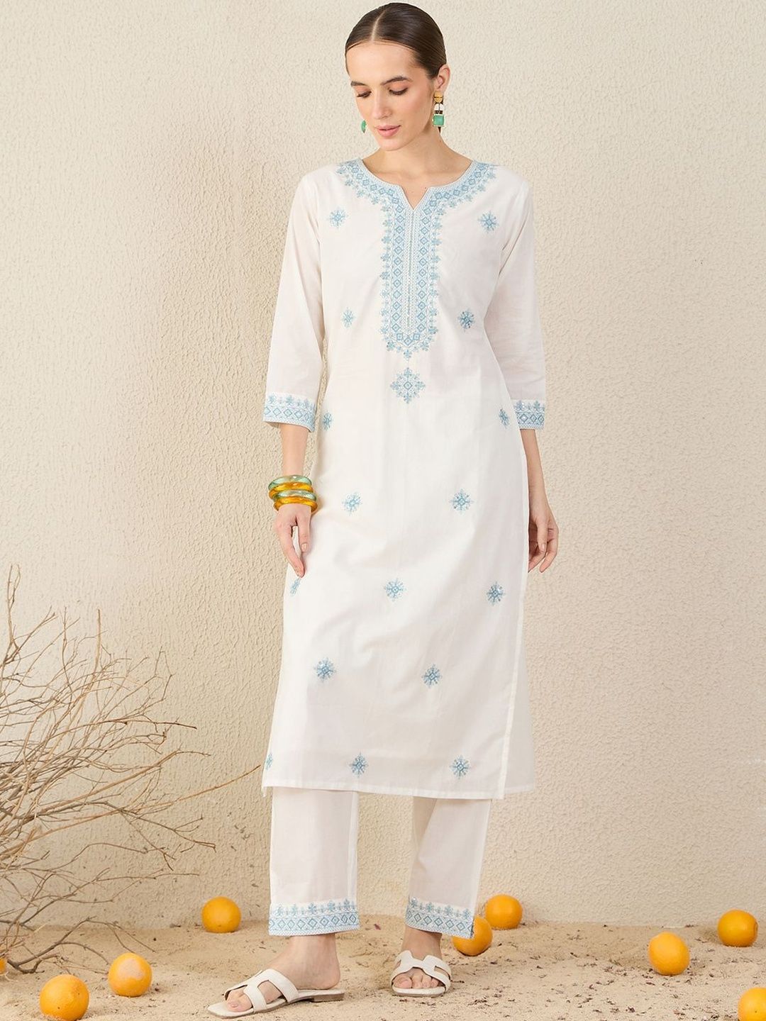 Floral Embroidered Straight Pure Cotton Kurta With Trousers & Dupatta