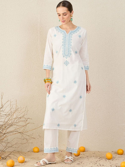 Floral Embroidered Straight Pure Cotton Kurta With Trousers & Dupatta