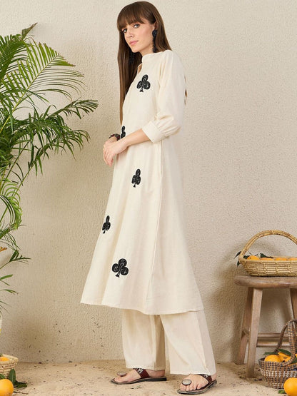 Floral Embroidered Mandarin Collar Thread Work Pure Cotton A-Line Kurta & Palazzo