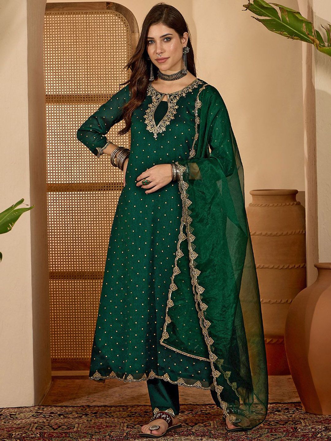 Dhiyona SN Women's Ethnic Motifs Embroidered Anarkali Kurta with Trouser & Dupatta