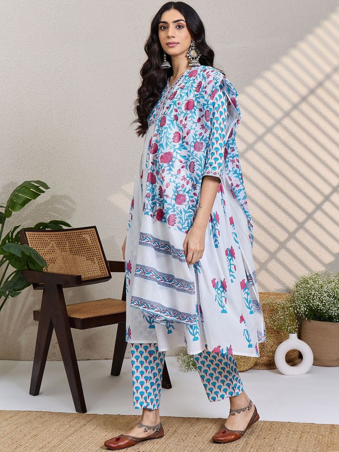 Women Floral Printed Cotton A-Line Kurta with Trousers & Dupatta