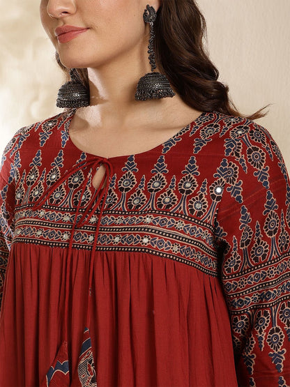 Dhiyona SN Women's Embroidered Pure Cotton Key Hole-Neck Anarkali Kurta With Trouser & Dupatta