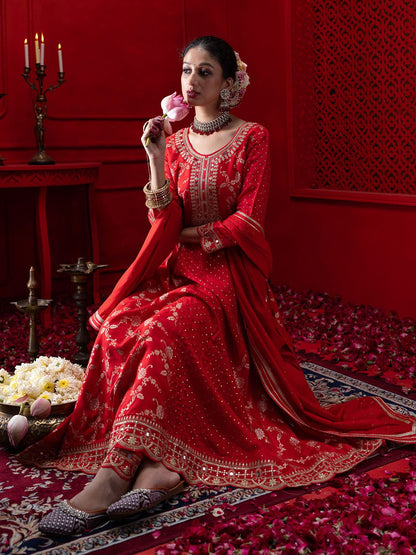 Dhiyona CH Floral Embroidered Panelled Anarkali Kurta with Trousers & Dupatta