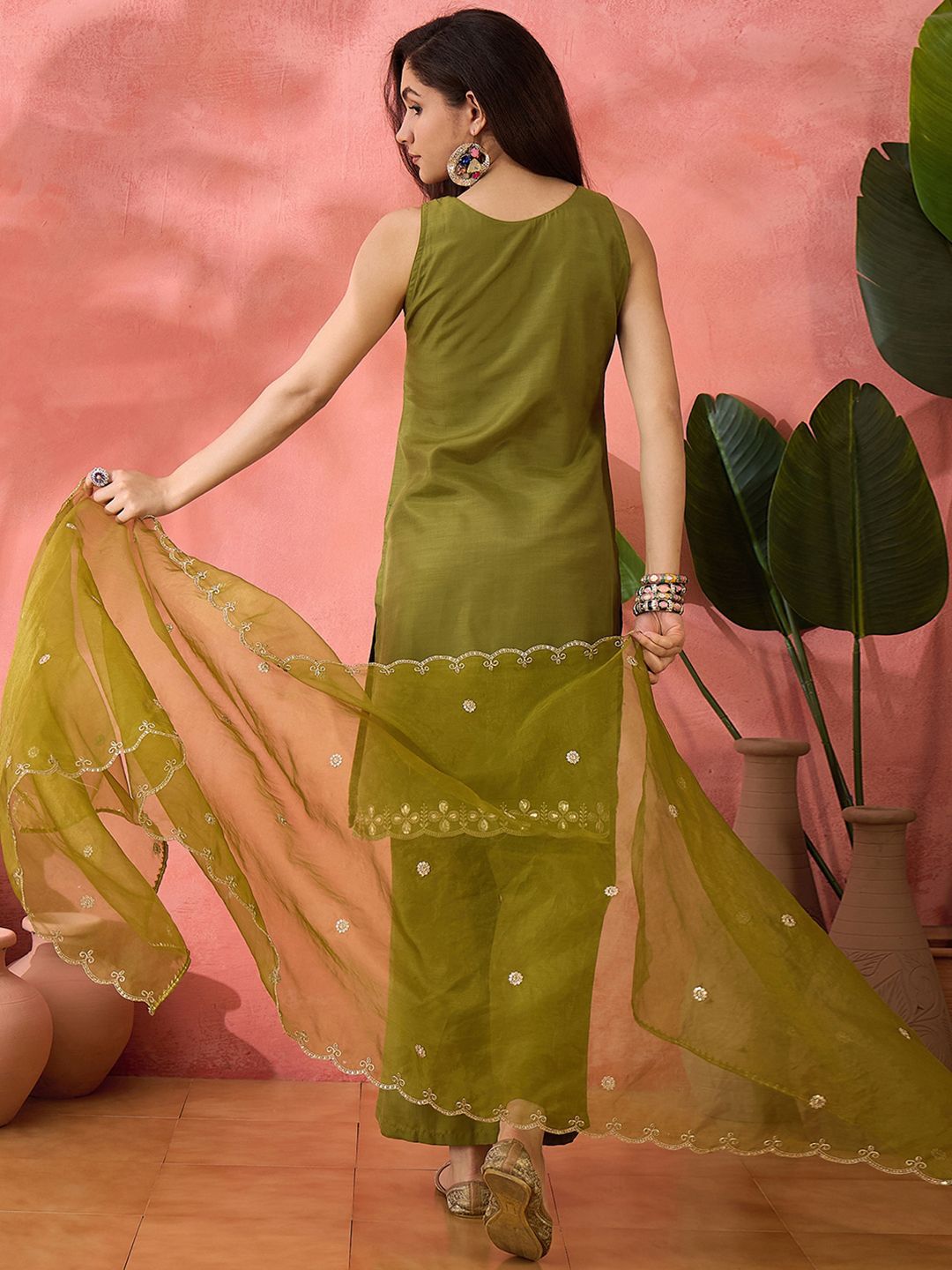 Dhiyona SN Women's Parrot Green Floral Sequinned Round Neck Straight Kurta With Palazzos And Dupatta