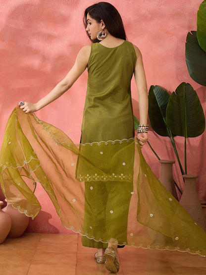 Dhiyona SN Women's Parrot Green Floral Sequinned Round Neck Straight Kurta With Palazzos And Dupatta