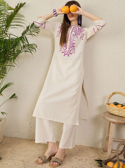 Floral Yoke Design Mandarin Collar Thread Work Straight Kurta & Palazzos