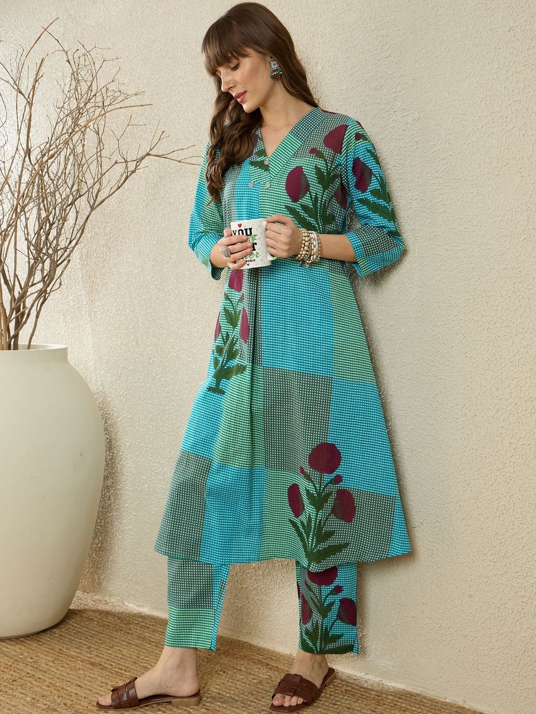 Floral Printed Pure Cotton A Line Kurta With Trousers
