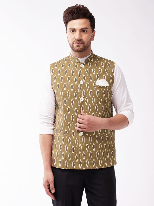 Men's Green Cotton Straight Nehru Jacket