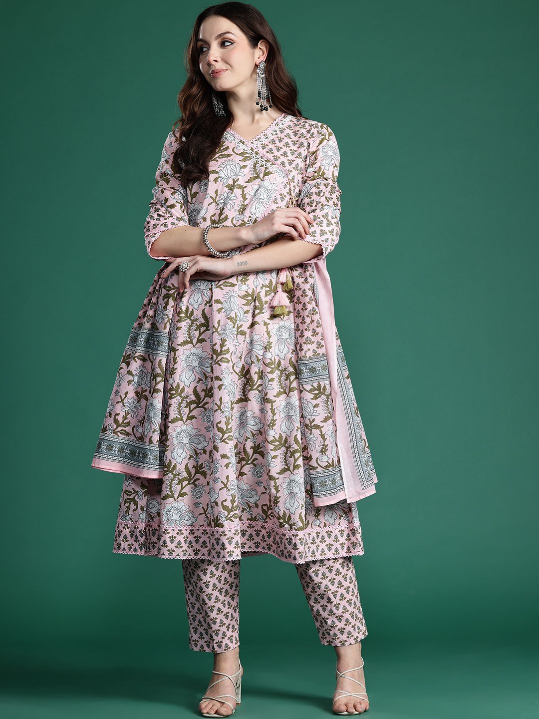 Floral Printed Angrakha Beads and Stones Pure Cotton Kurta Set & With Dupatta