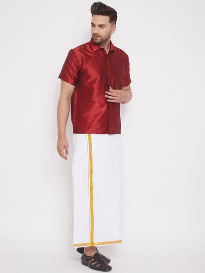 Men's Maroon Silk Blend Straight Shirt And Mundu
