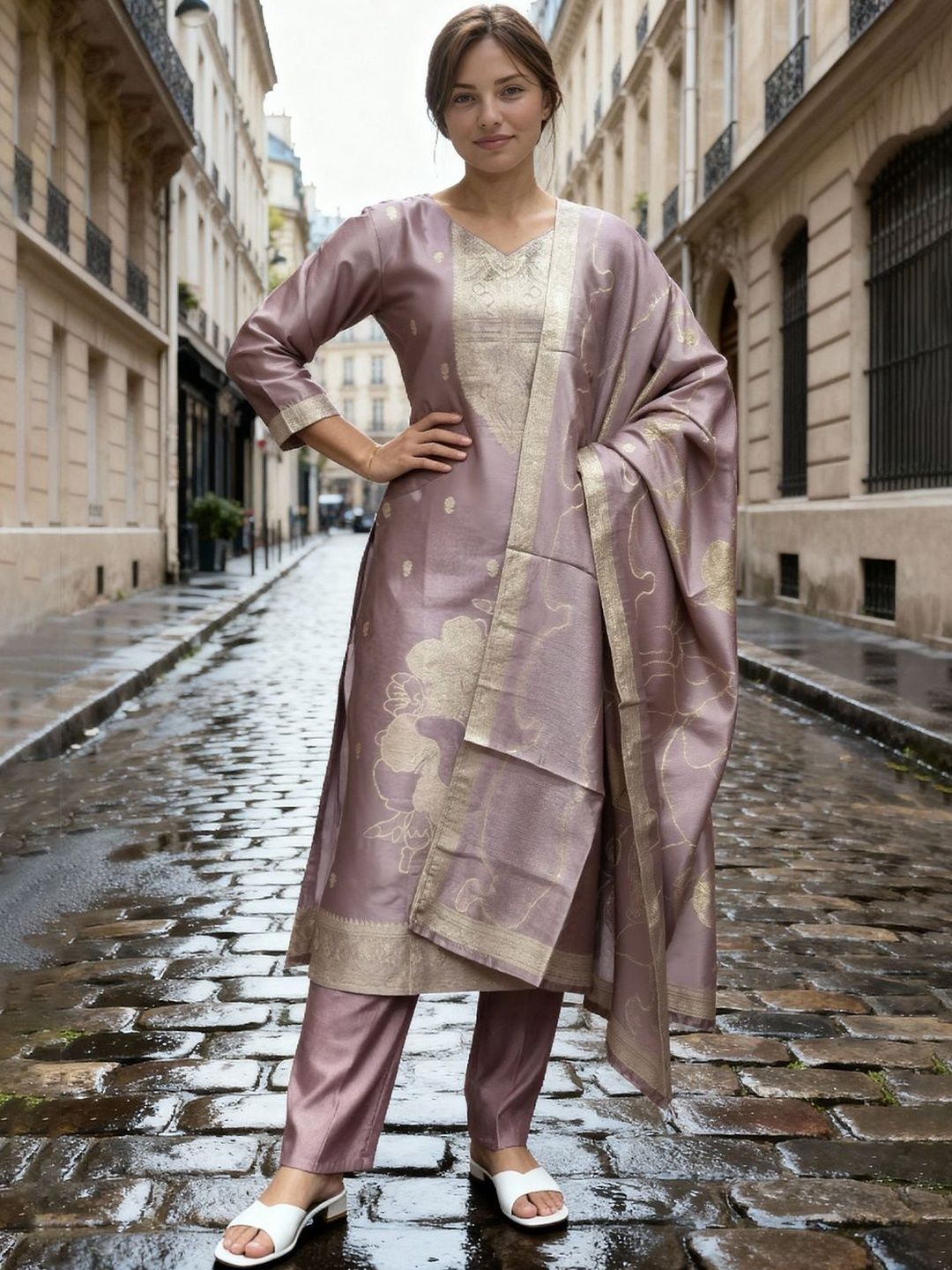 Dhiyona IE Women Regular Kurta with Trousers & With Dupatta