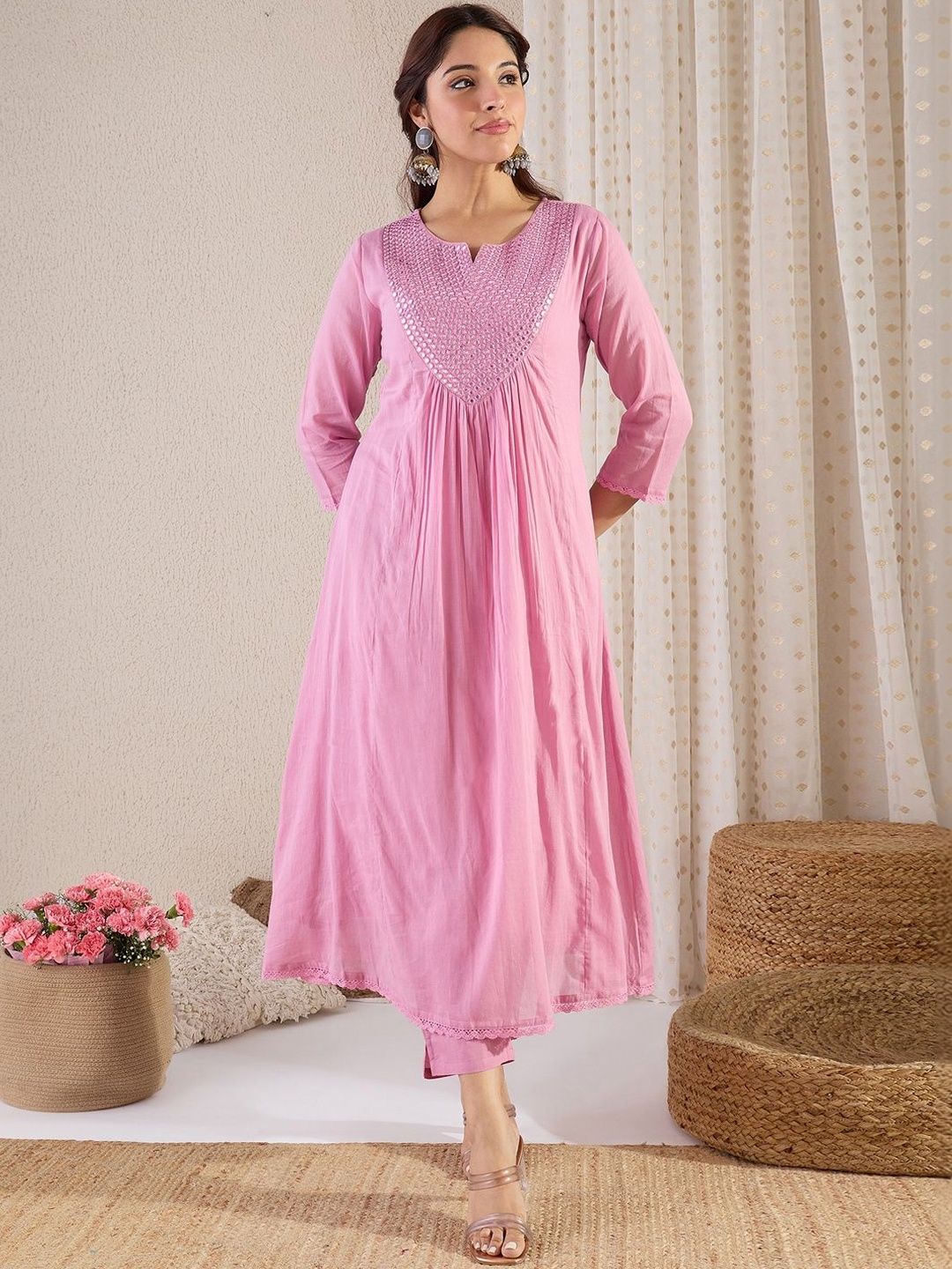 Women Embroidered Pleated Mirror Work Pure Cotton Kurta with Churidar & With Dupatta