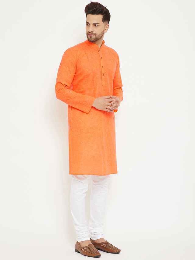 Men's Orange Cotton Blend Straight Kurta Pyjama Set