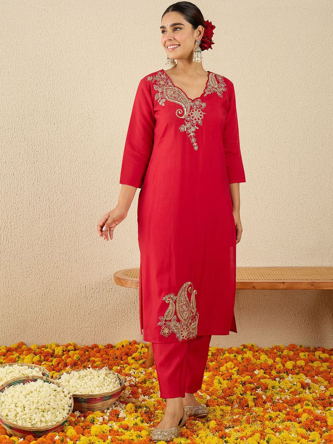 Paisley Embroidered Sequinned Liva Straight Kurta With Trousers & Dupatta