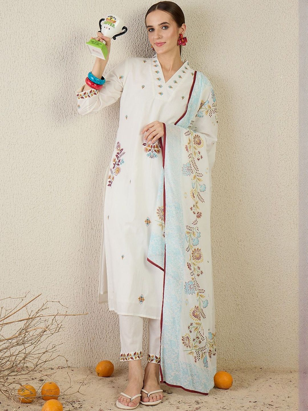 Floral Embroidered Thread Work Pure Cotton Kurta With Trouser & Dupatta