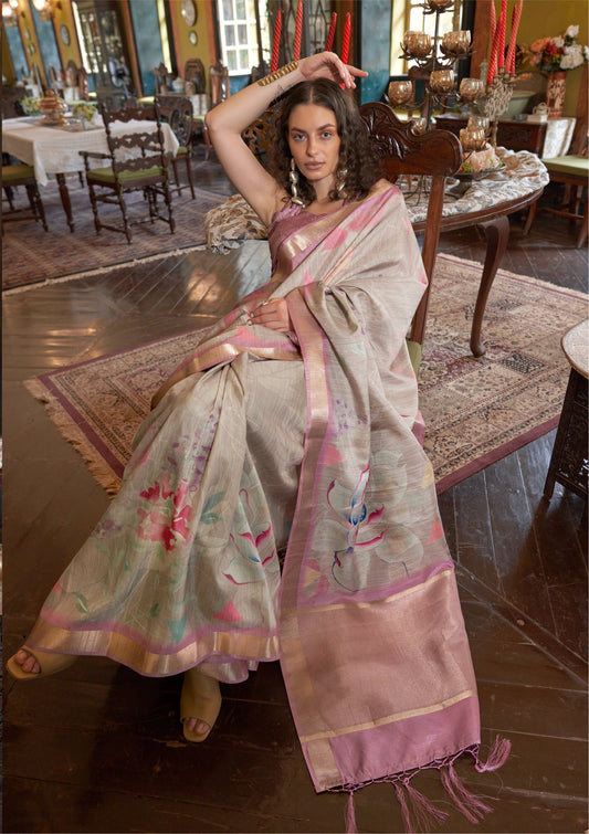 Dhiyona GR Women's Dusty Lavender & Grey Banarasi Digital Soft Silk Saree