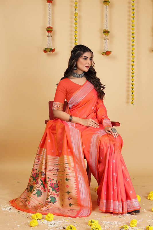 Dhiyona GR Women's Mastani Peachy Pink Zari Paithani Silk Saree