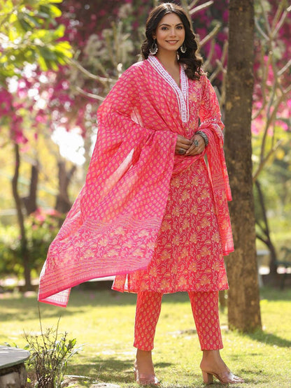 Dhiyona VA Women'sFloral Printed Regular Straight Kurta with trousers & with Dupatta