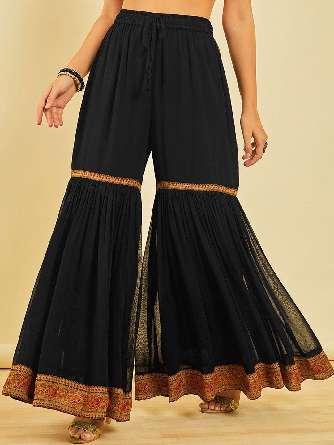 Dhiyona SO Women's Women Floral Printed Pleated Beads and Stones Kurta with Sharara & With Dupatta