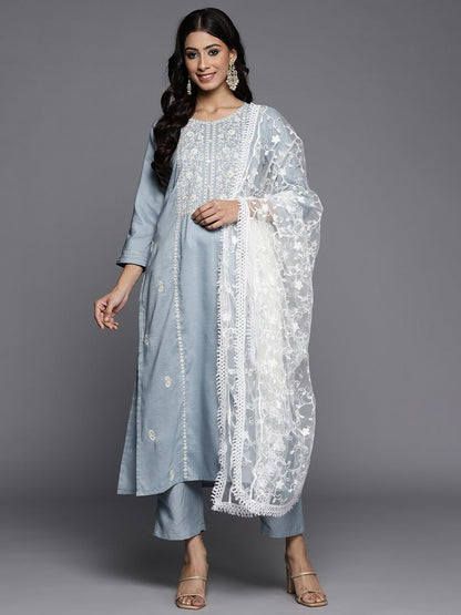 Dhiyona VA Women's Grey Ethnic Motifs Embroidered Panelled Kurta with Trousers & Dupatta