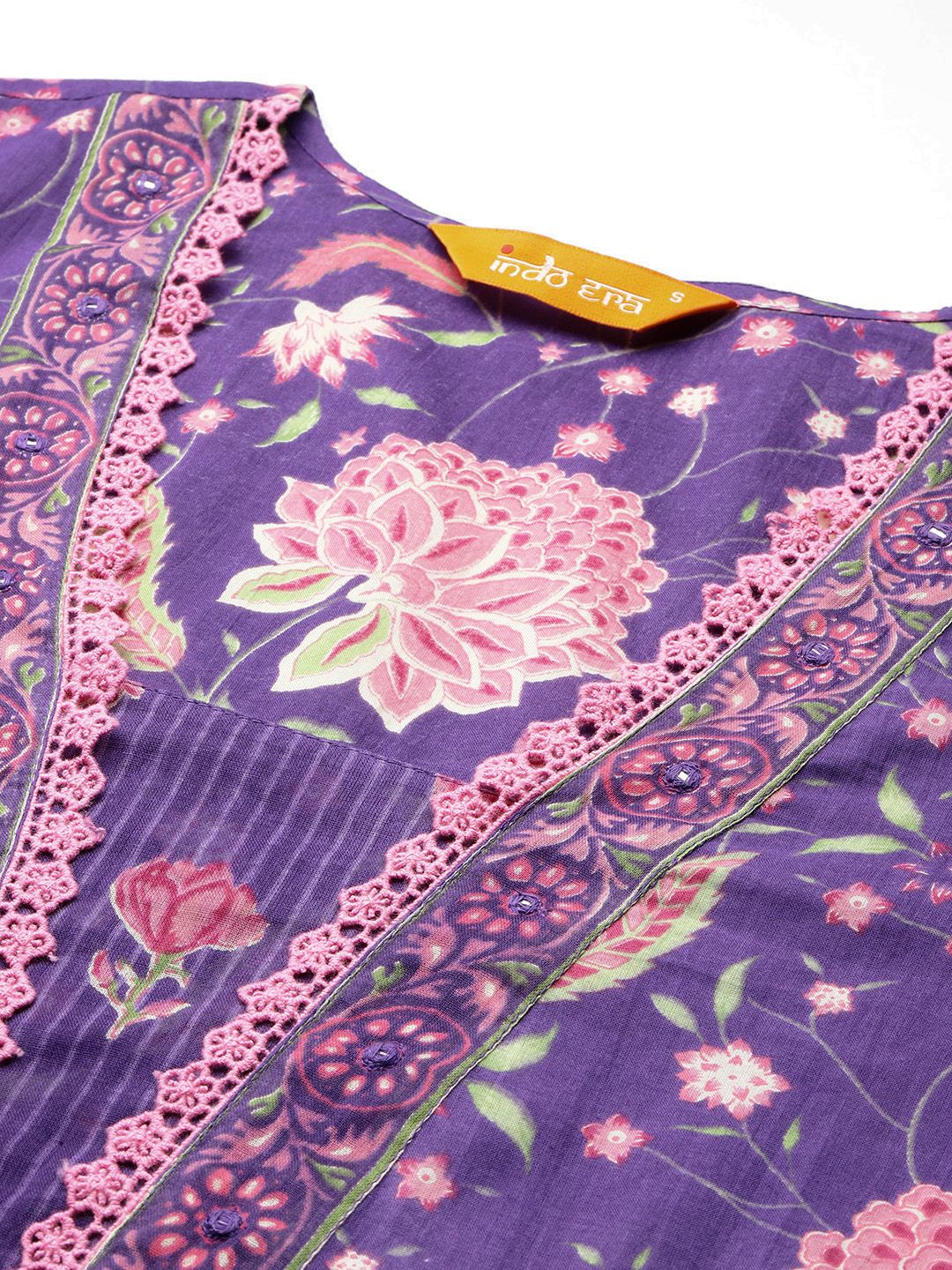 Floral Printed Beads & Stones Pure Cotton Kurta with Trousers & With Dupatta