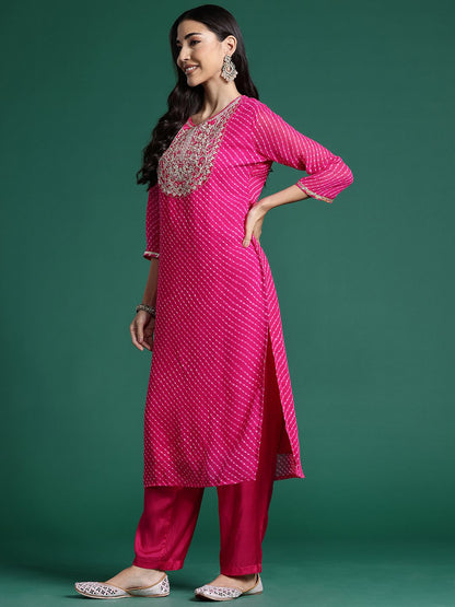 Dhiyona IE Leheriya Printed Zari Kurta With Trousers & Dupatta