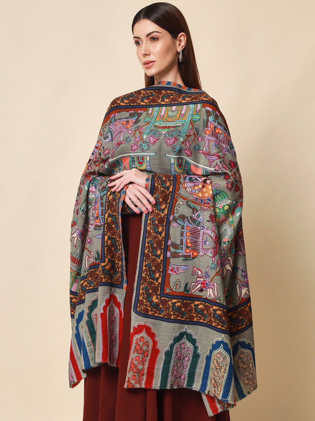 Dhiyona PA Women Grey Embroidered Wool Shawl