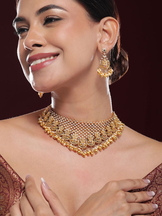 Dhiyona RJ Women's 22K Gold-Plated Pink Green & Cubic Zirconia Divine Lakshmi Temple Choker Set
