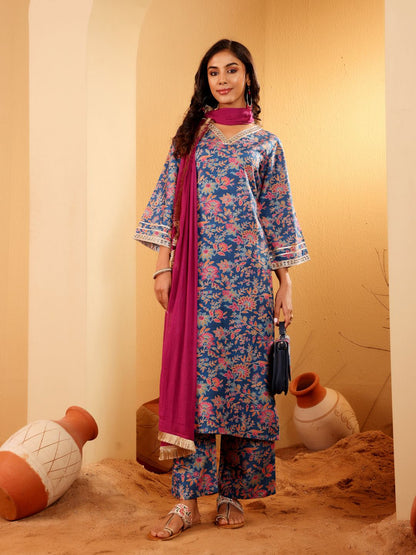 Dhiyona VA Women'sFloral Printed Zari V Neck Flared Sleeves A-Line Kurta With Palazzo And Dupatta