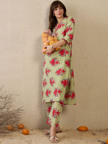 Dhiyona IE Women Floral Printed Regular Mirror Work Pure Cotton Kurta with Trousers