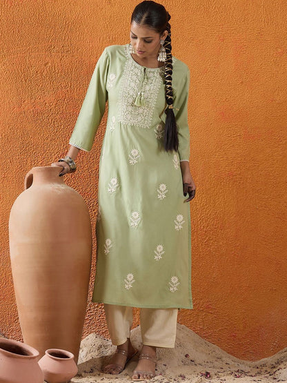 Dhiyona IE Floral Embroidered Keyhole Neck Thread Work Straight Kurta