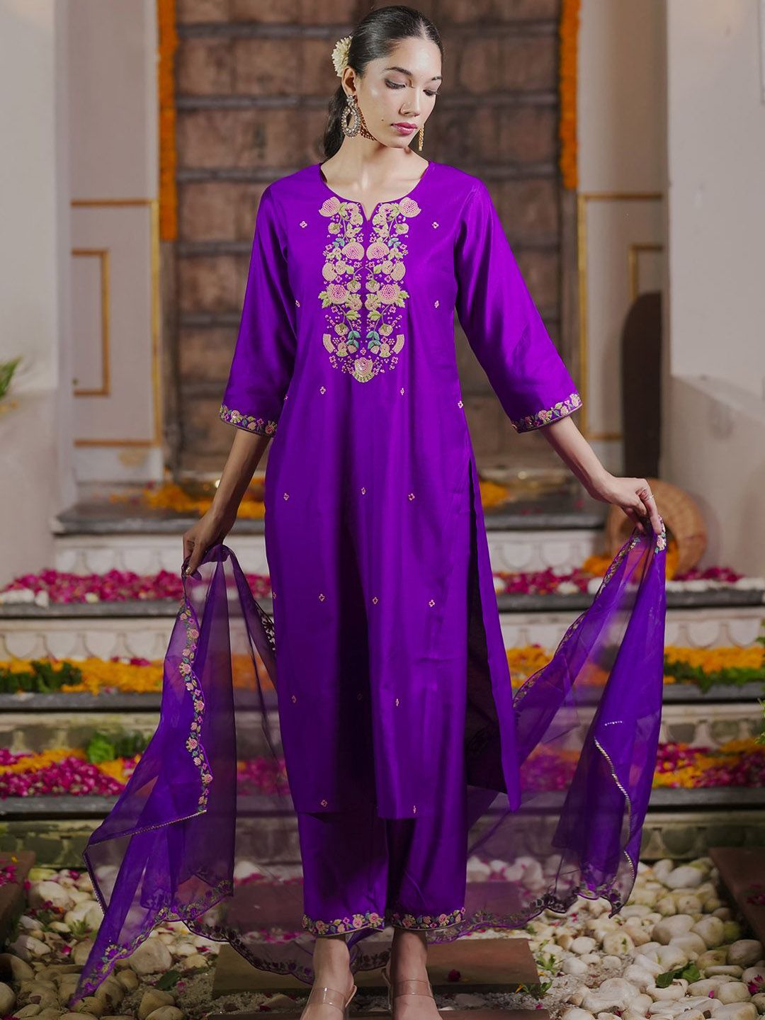 Dhiyona IE Floral Embroidered Sequinned Liva Kurta With Trousers & Dupatta