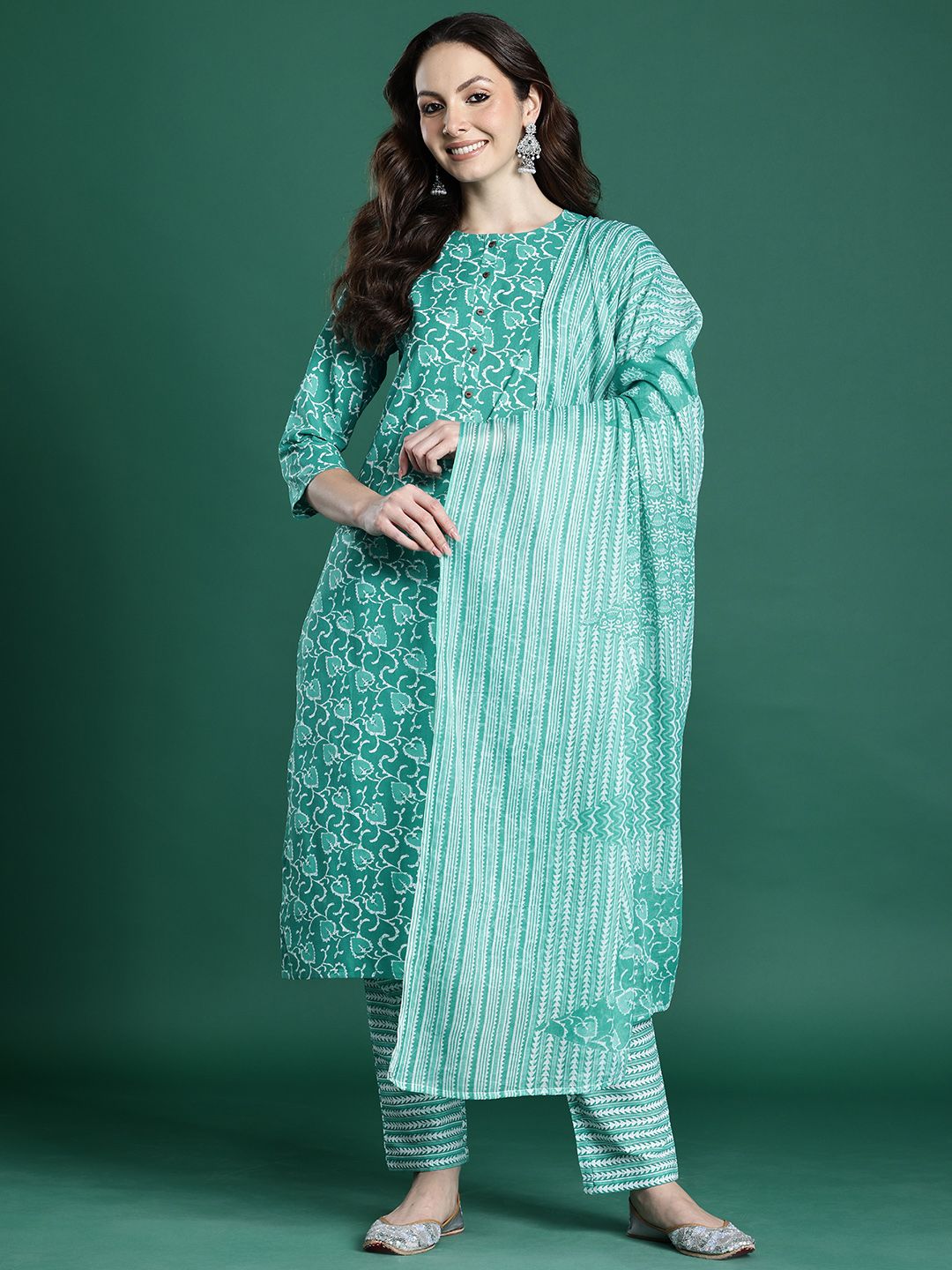 Floral Printed Pure Cotton Kurta with Trousers & Dupatta