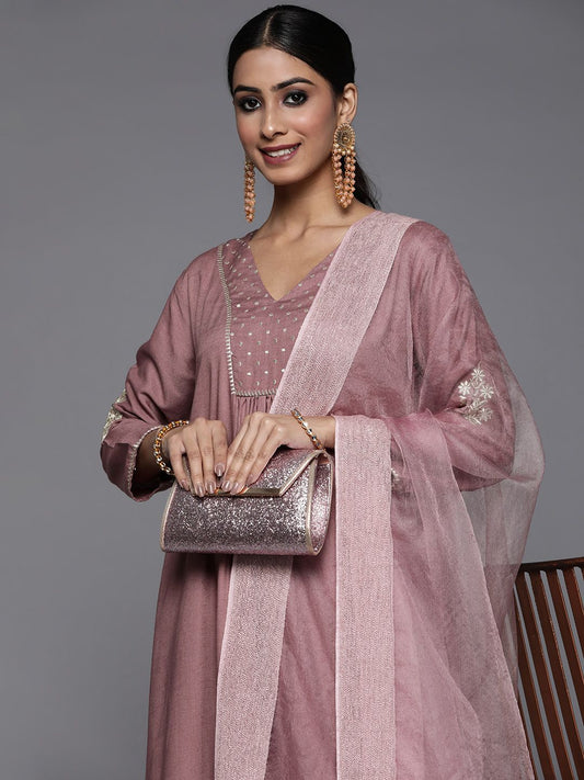 Dhiyona VA Women's Mauve Embroidered Kurta with Palazzos & With Dupatta