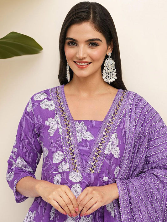 Dhiyona IS Women's Floral Printed Pure Cotton Kurta with Trousers & Dupatta