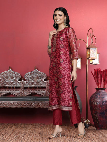 Dhiyona VA Women'sMaroon Floral Printed Beads and Stones Straight Kurta with Trousers & Dupatta