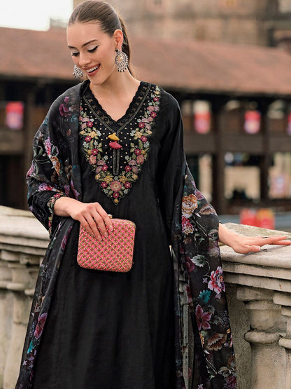 Dhiyona IE Floral Yoke Design Thread Work A-Line Kurta With Trousers & Dupatta