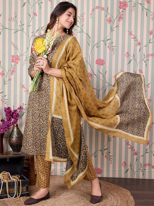 Dhiyona OD  Floral Printed Regular Pure Cotton Kurta with Trousers & Dupatta