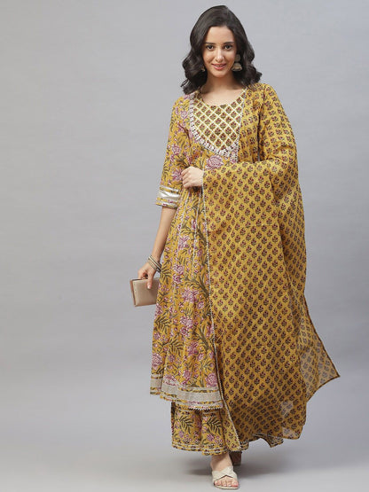 Dhiyona KL Floral Printed Regular Gotta Patti Pure Cotton Kurta with Palazzos & Dupatta