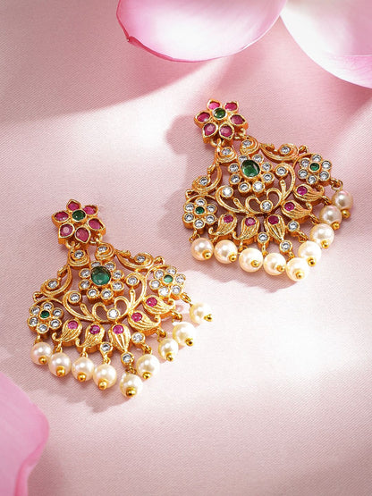 Dhiyona RJ Women's 22K Gold Plated Ruby & Emerald Studded Flower Design Drop Earrings with Pearl Drops