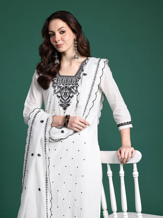 Dhiyona IE Floral Embroidered Pure Cotton Kurta with Trousers & Dupatta