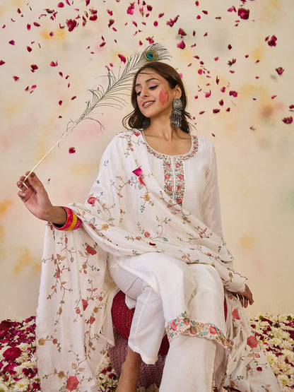Women Floral Embroidered Regular Thread Work Kurta with Trousers & With Dupatta