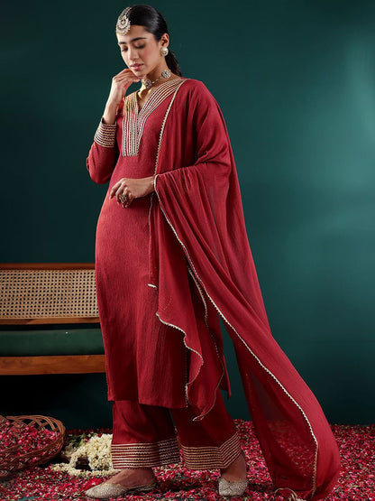 Dhiyona VA Women's Yoke Design Regular Gotta Patti Silk Crepe Kurta with Trousers & With Dupatta
